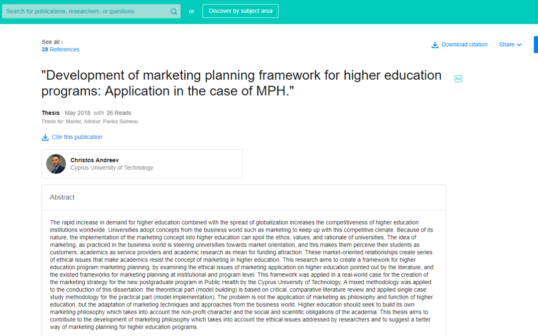 Master’s Thesis Development of marketing planning framework for higher education programs: Application in the case of MPH